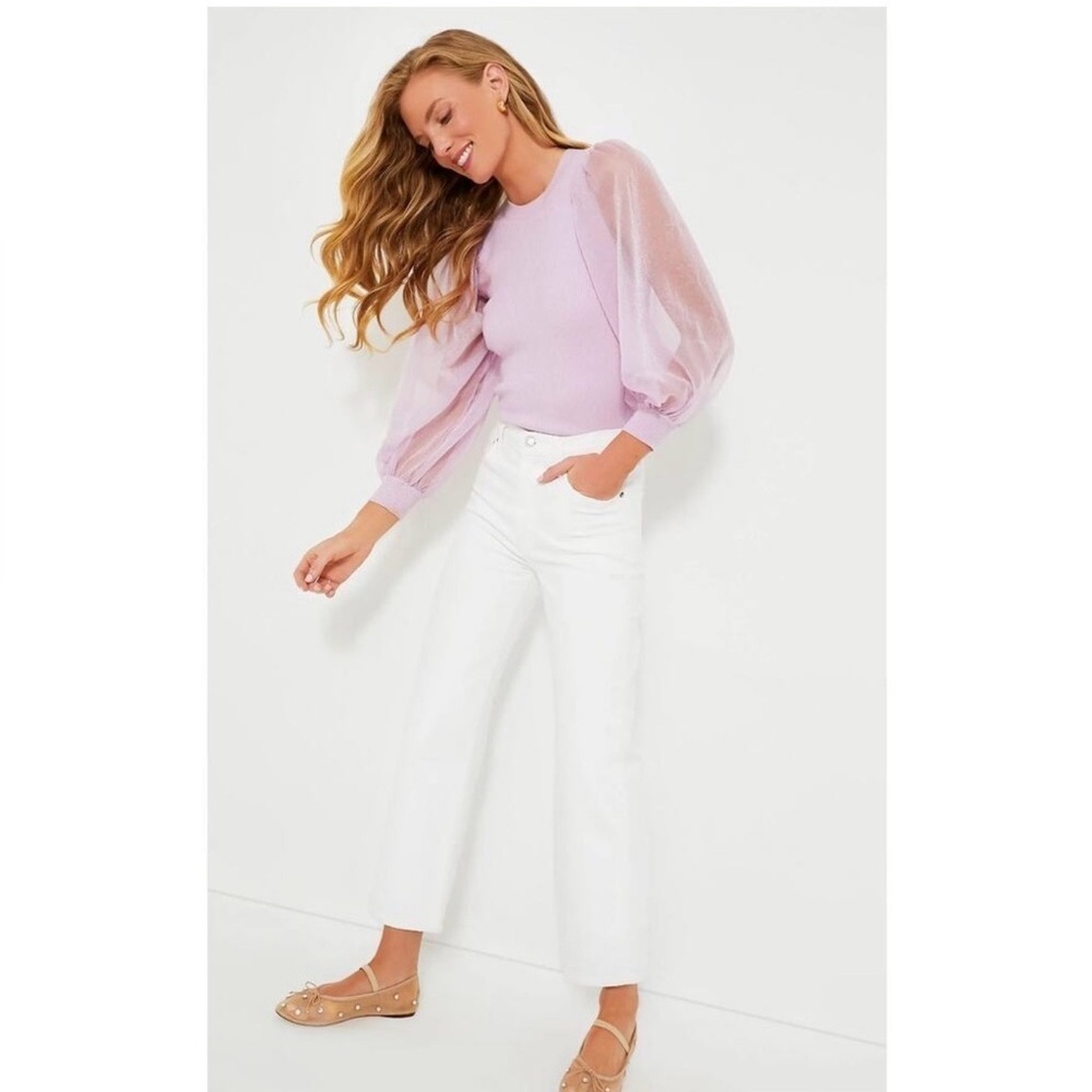 Tuckernuck Betsy Lilac Puff Sleeve Knit Blouse Sheer Sleeve Size S NWT